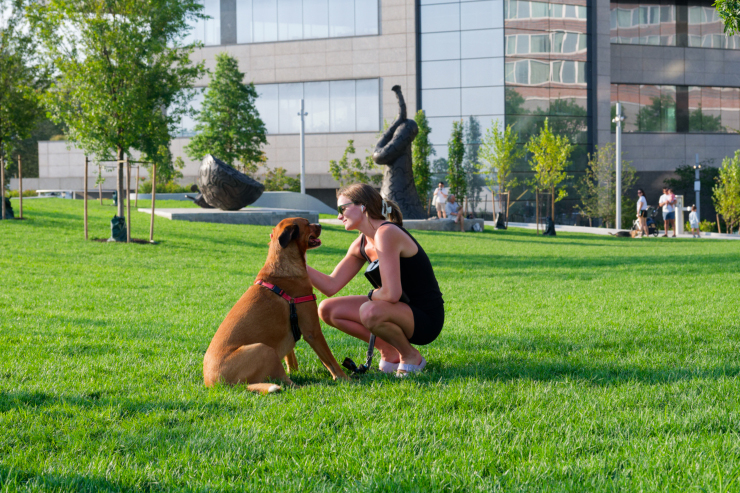 Gillian Reiley and her Hazy had been Wagner Park goers and now they were back. “It’s exciting to have another place in the area with grass, and a place to gather,” she said. As for Hazy, “She loves grass, so it’s good.” Photo: Carl Glassman/Tribeca Trib